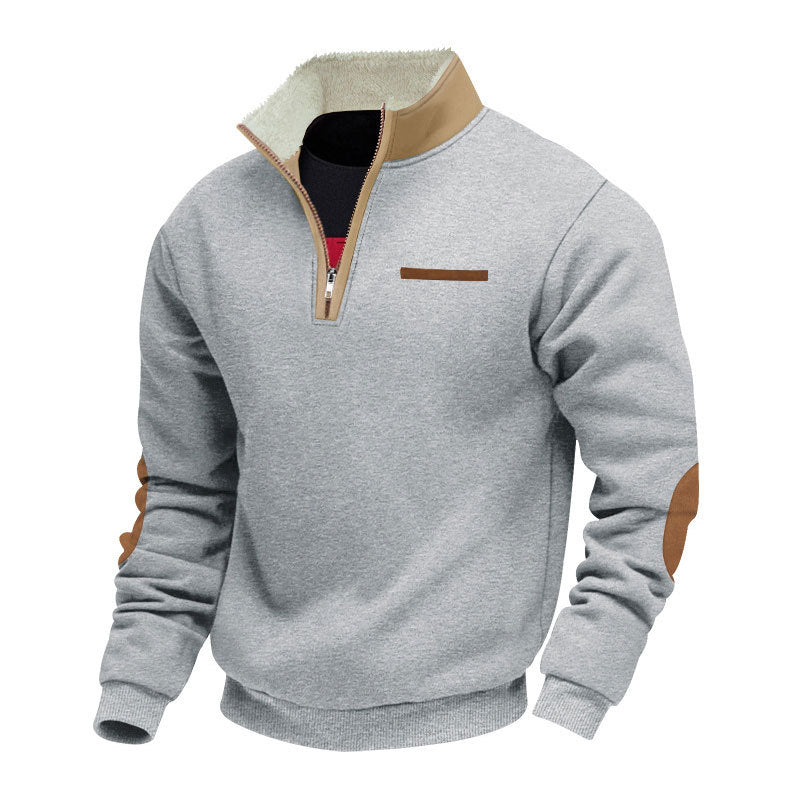Men's half-zip troyer with teddy fleece collar and leather elbow patches Mune Fashion