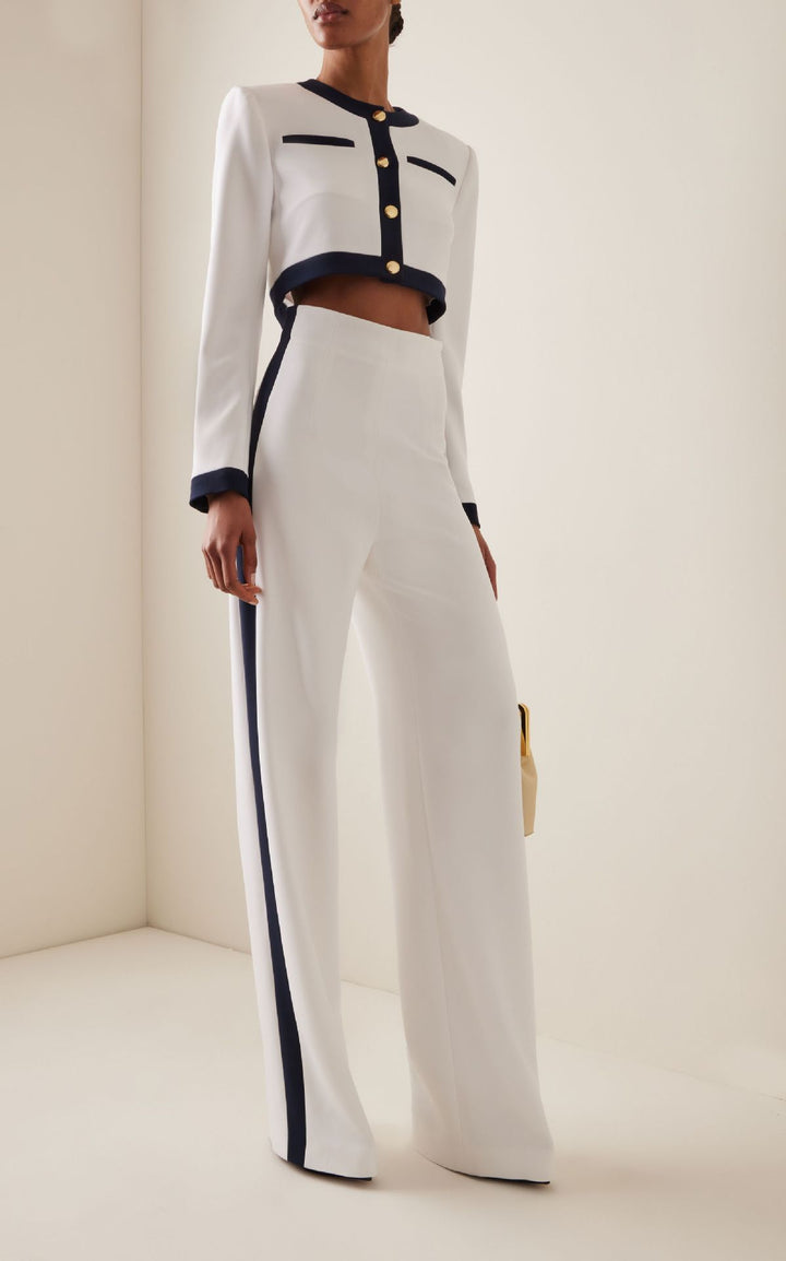 Women's Short Cropped Tailoring Set with Contrast Piping and High-Waist Palazzo Pants Mune Fashion