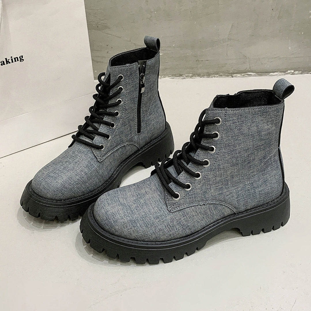 Ladies Chunky Combat Ankle Boots made of denim look with robust profiled sole and side zipper Mune Fashion