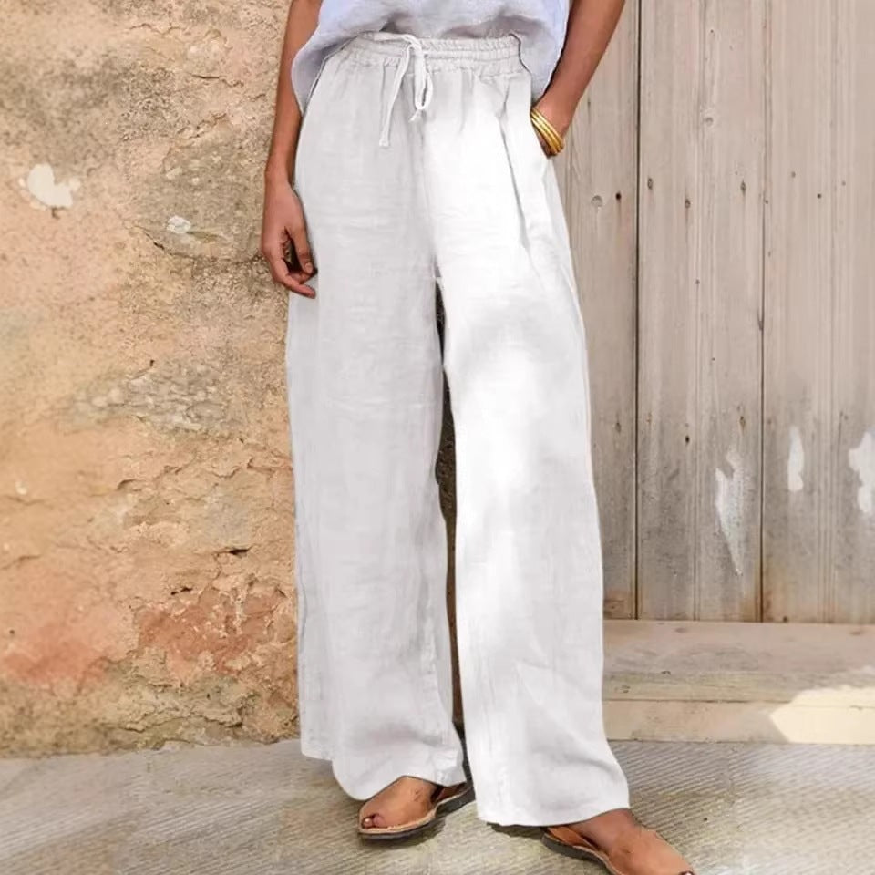 Women's High-Cut Linen Palazzo Pants with Drawstring and Wide Leg Mune Fashion