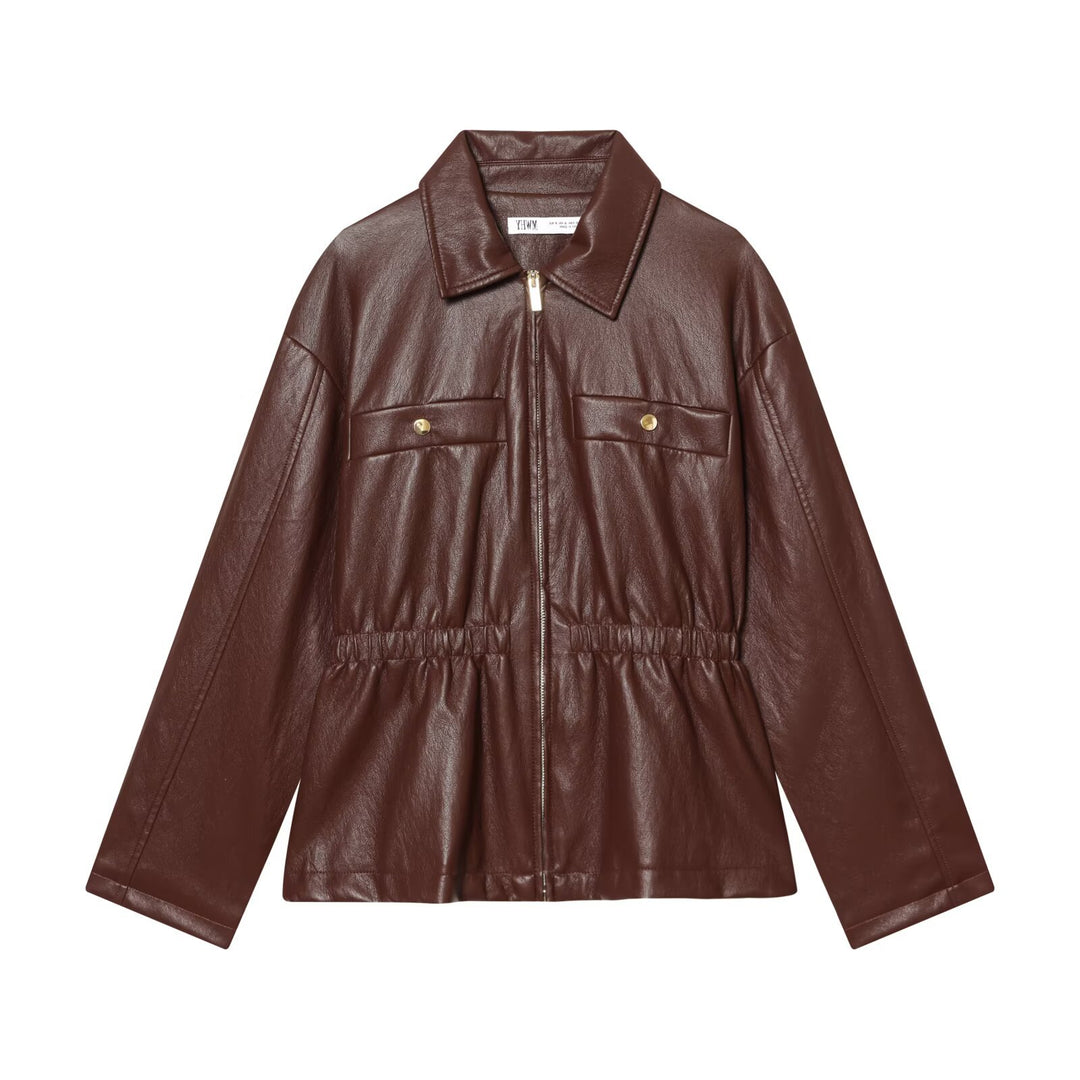 Women's short jacket in vegan leather look with cinching drawstring and flap pockets Mune Fashion