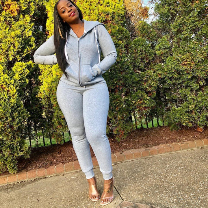 Ladies fitted hooded sweatdress set with zipper and snug jogging pants Mune Fashion