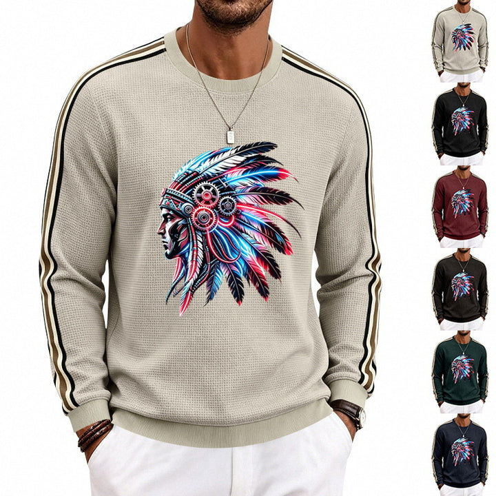 Men's sweatshirt with stylized headgear print and contrast stripes on the sleeves Mune Fashion