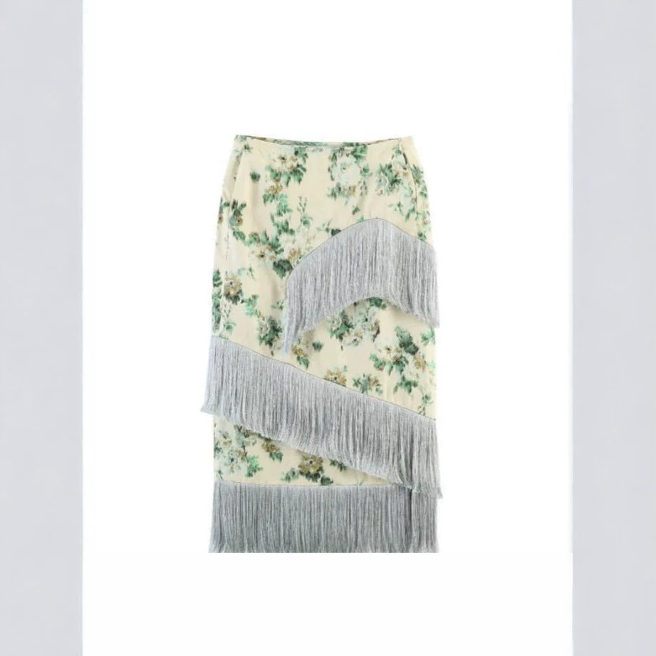 Ladies Floral Printed Midi Skirt with Diagonal Fringe Trim and Slim Silhouette Mune Fashion