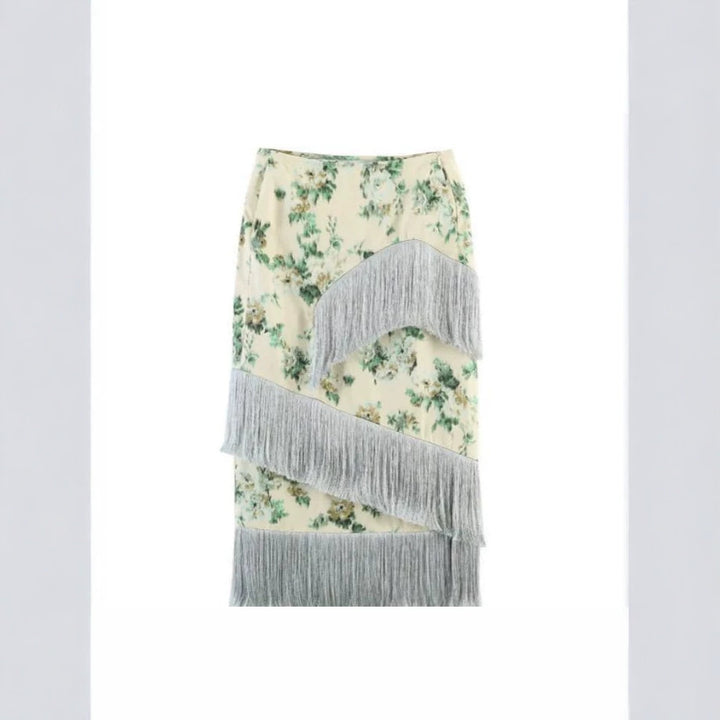 Ladies Floral Printed Midi Skirt with Diagonal Fringe Trim and Slim Silhouette Mune Fashion