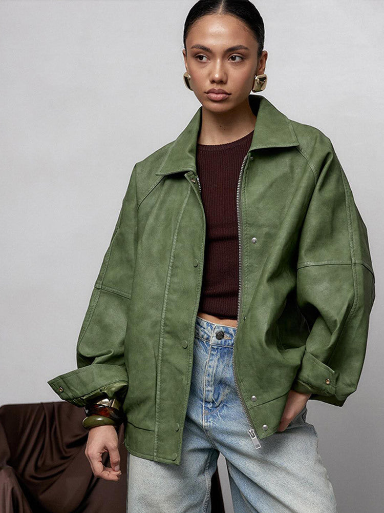 Women's Oversized Faux Leather Jacket in Boxy Cut with Raglan Sleeves and Two-Way Zipper Mune Fashion