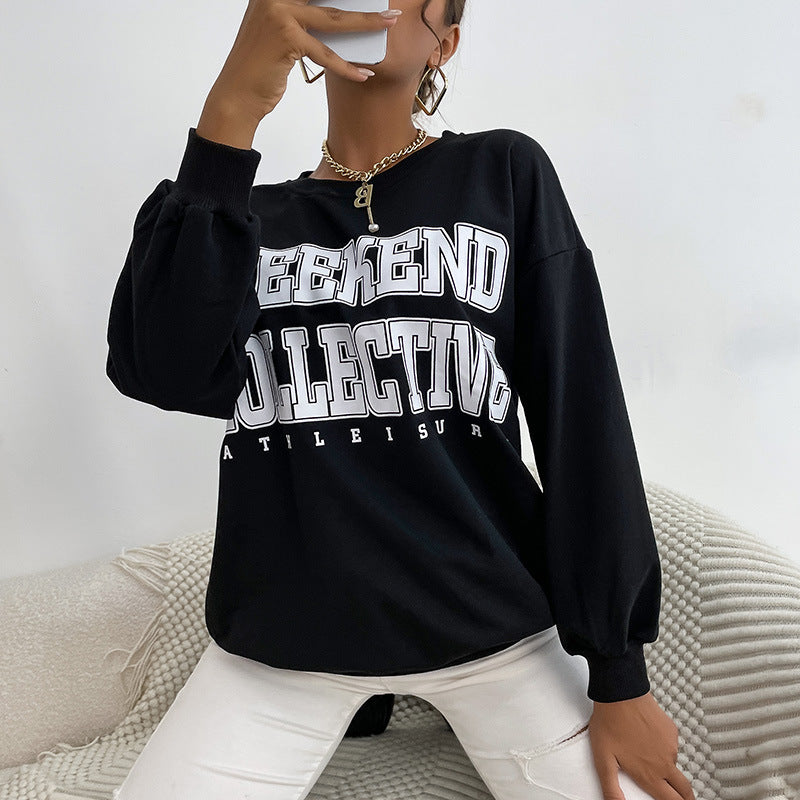 Women's Oversized Sweatshirt with College Print and Round Neck