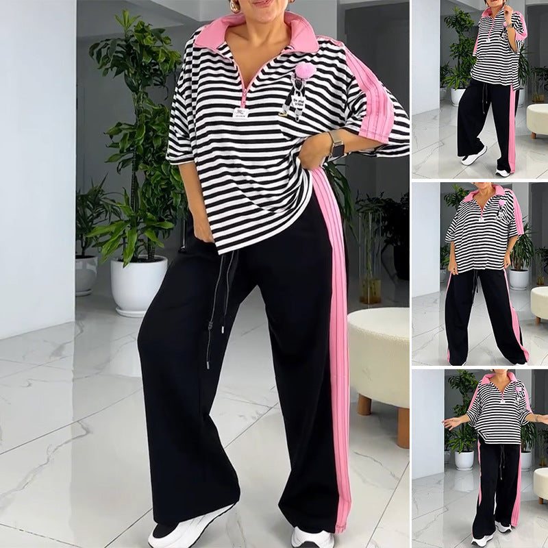 Women's casual two-piece polo lounge set with oversized stripes, pompom application, and contrasting side panels Mune Fashion