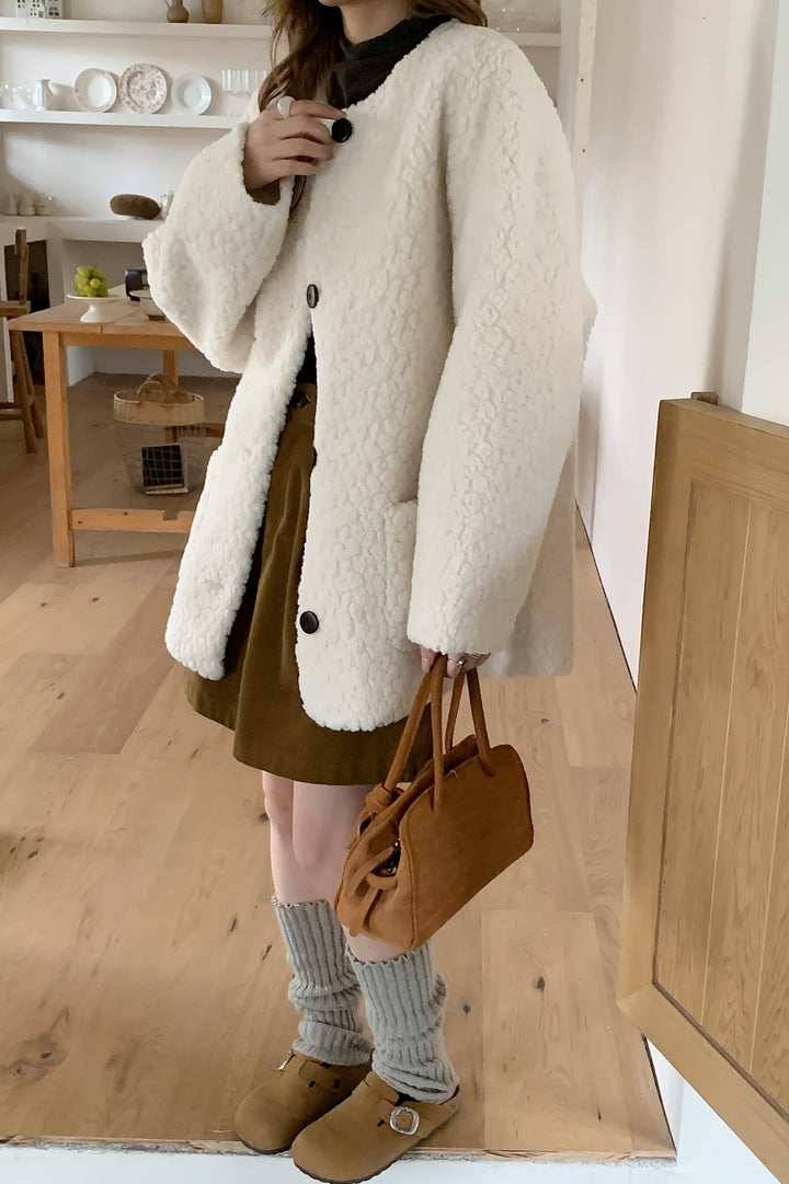 Ladies Oversized Teddy Coat with Round Neck, Large Button Placket and Patch Pockets Mune Fashion