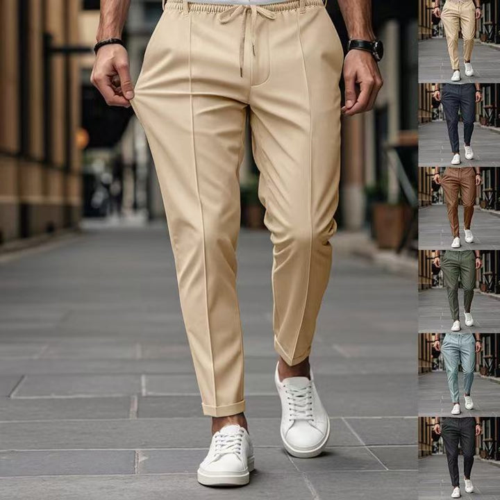 Men's elegant straight-cut chino jogging pants with crease, elastic waistband and drawstring Mune Fashion