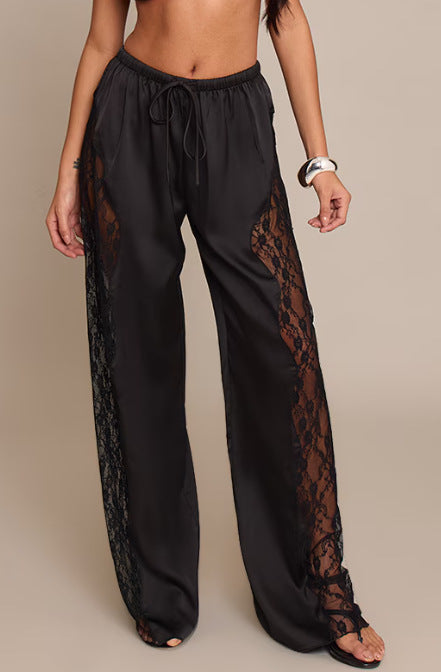 Women satin trousers with side lace inserts, wide leg and drawstring Mune Fashion