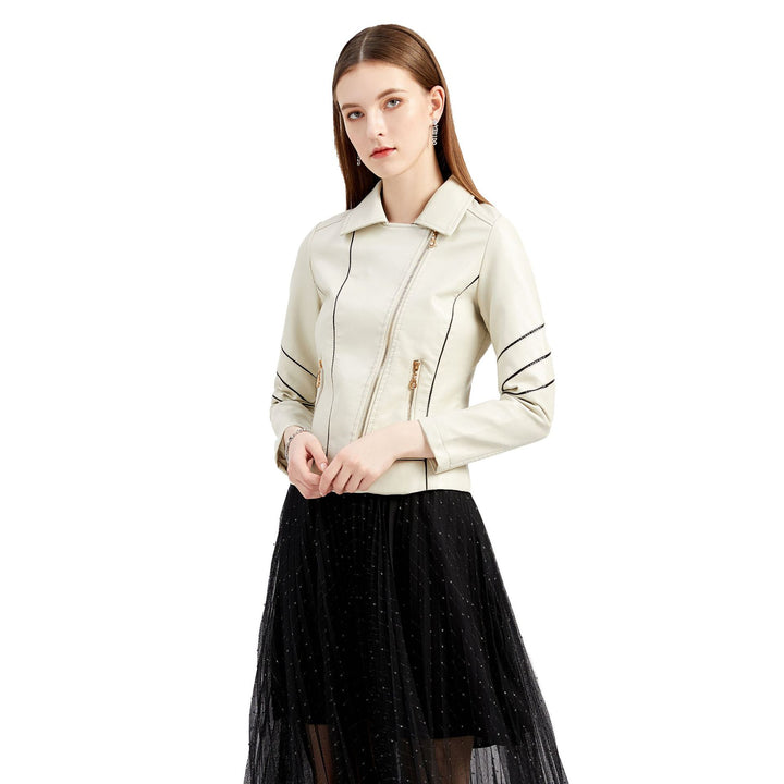 Women's tailored faux leather biker jacket with asymmetrical zipper and decorative seams Mune Fashion