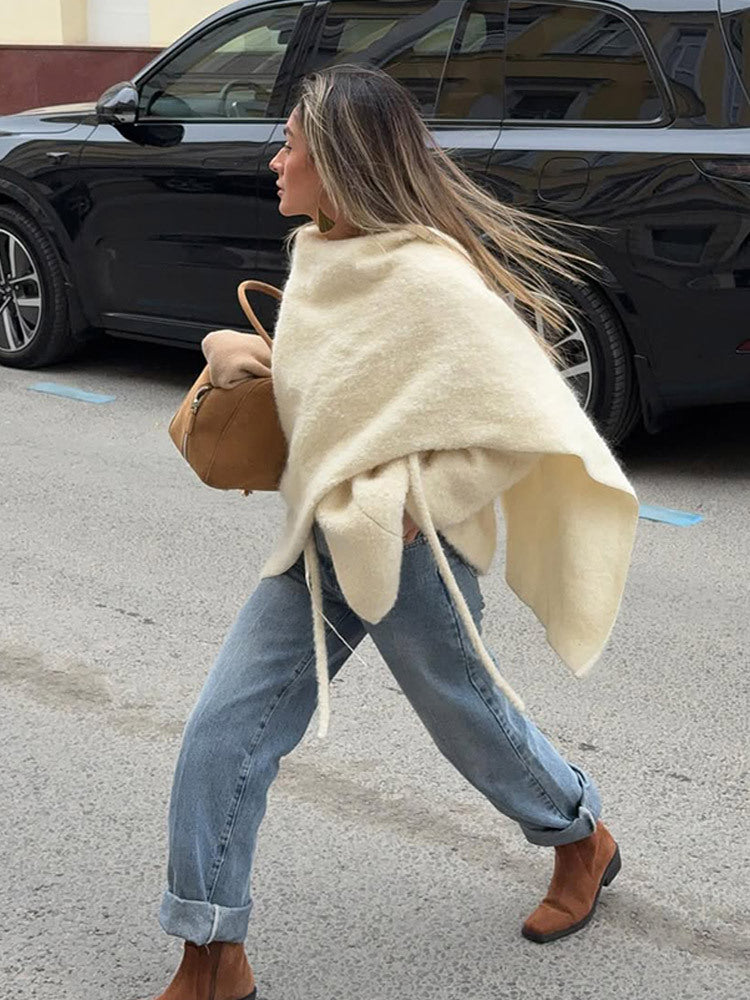 Women's Oversized Wool Mix Poncho with Asymmetrical Fall and Ties Mune Fashion