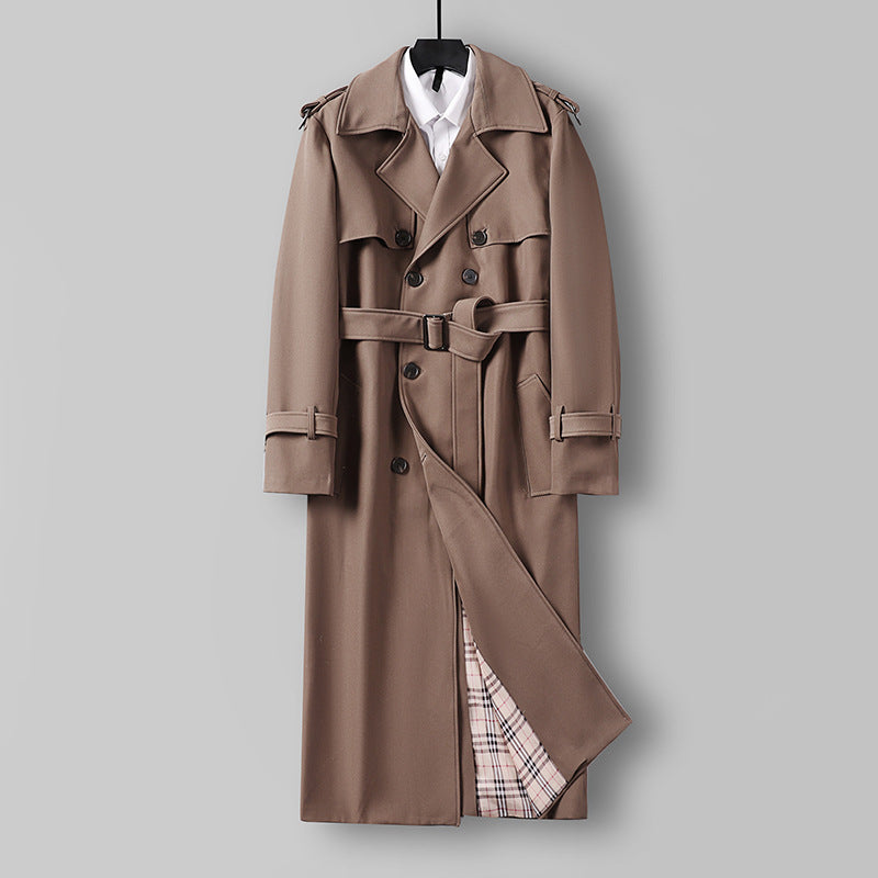 Women Elegant long cut wool blend trench coat with double-breasted button placket and belt Mune Fashion
