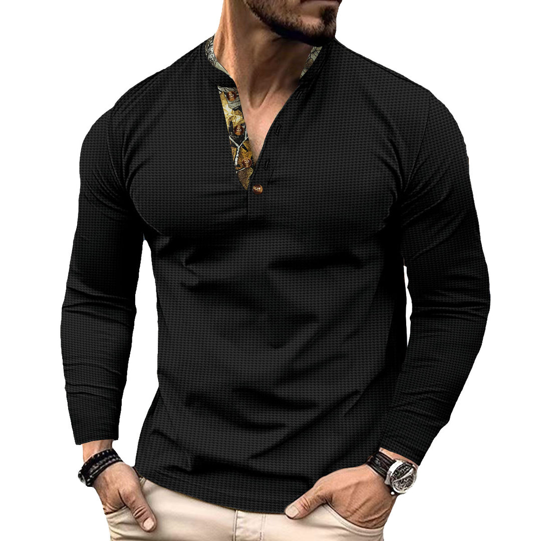 Men's long-sleeved Henley shirt with stand-up collar and patterned button placket trim Mune Fashion