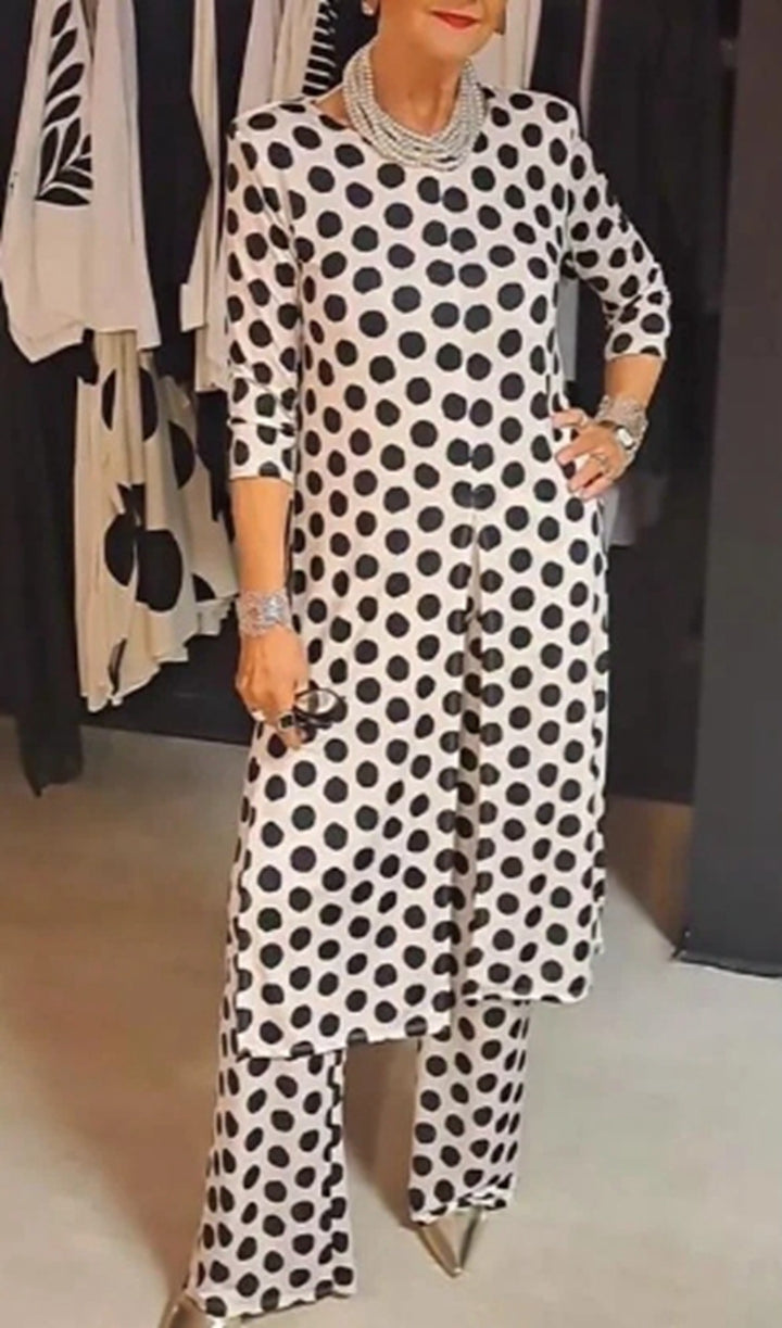 Women Nan Polka Dot Lounge Set with Long A-Line Tunic, Center Front Slit, and Wide Palazzo Pants Mune Fashion