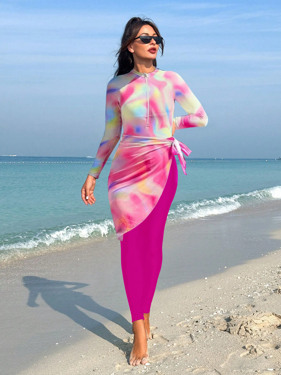 Ladies Sporty Long Sleeve Swimsuit with Wrap Skirt Mune Fashion