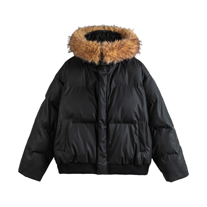 Women's short cropped quilted jacket with faux fur hood and elastic hem Mune Fashion