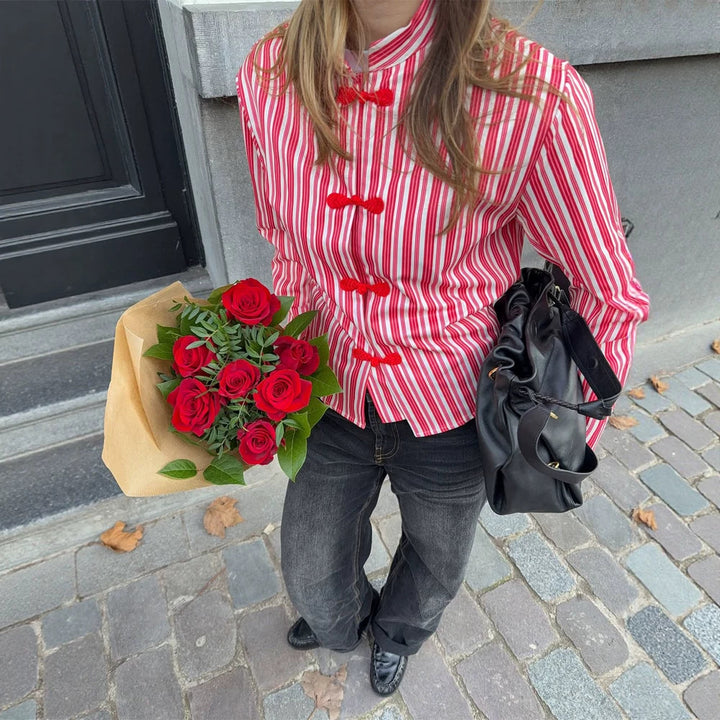 Women Striped Mandarin Collar Blouse with Decorative Knot Closures Mune Fashion