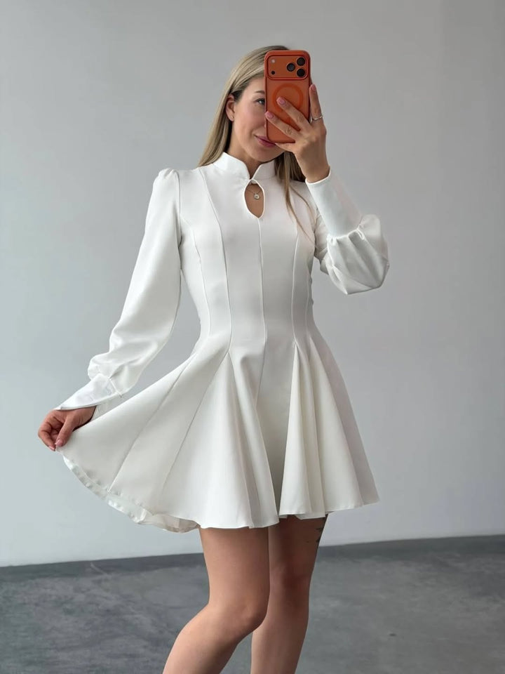 Women A-Line Mini Dress with Stand Collar, Slit Detail and Balloon Sleeves Mune Fashion