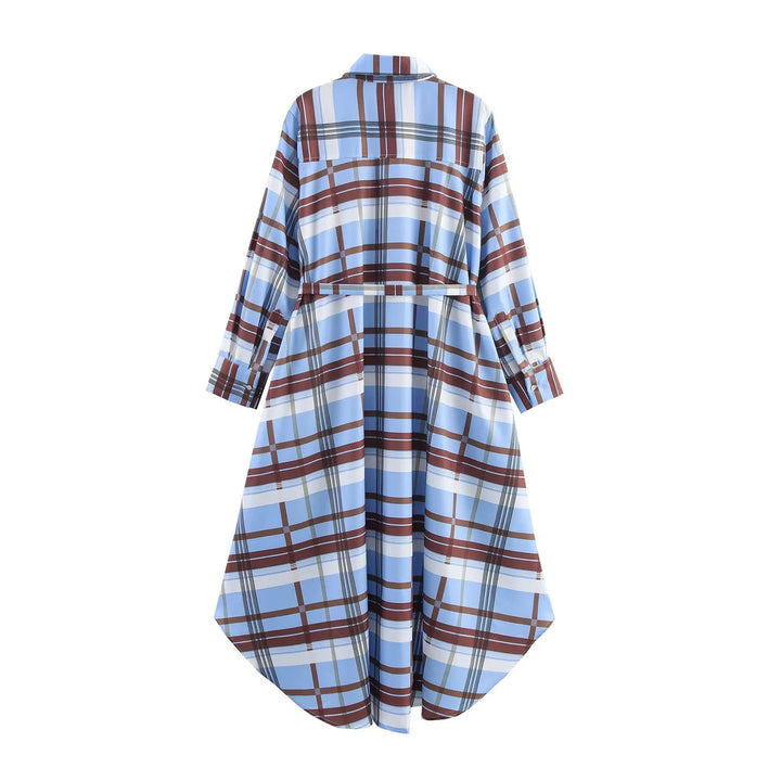 Women's checkered button-down dress with waist belt, continuous button placket and rounded high-low hem Mune Fashion