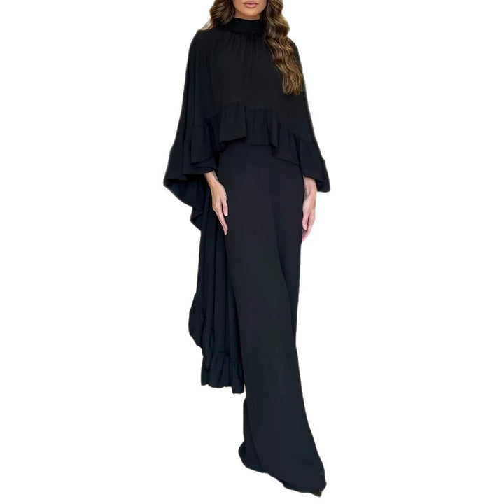 Women's Elegant Jumpsuit with Cape Ruffle and Wide Palazzo Pants Leg Drune