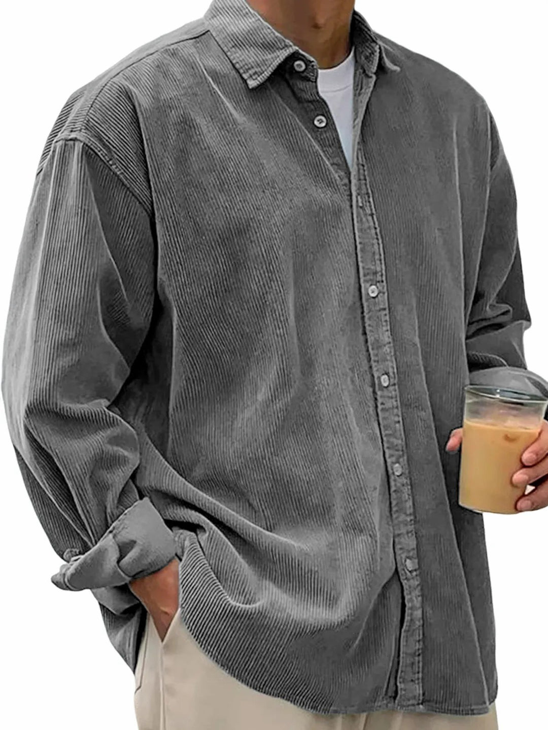 Men's long-sleeved oversized cord shirt with collar and continuous button placket Mune Fashion