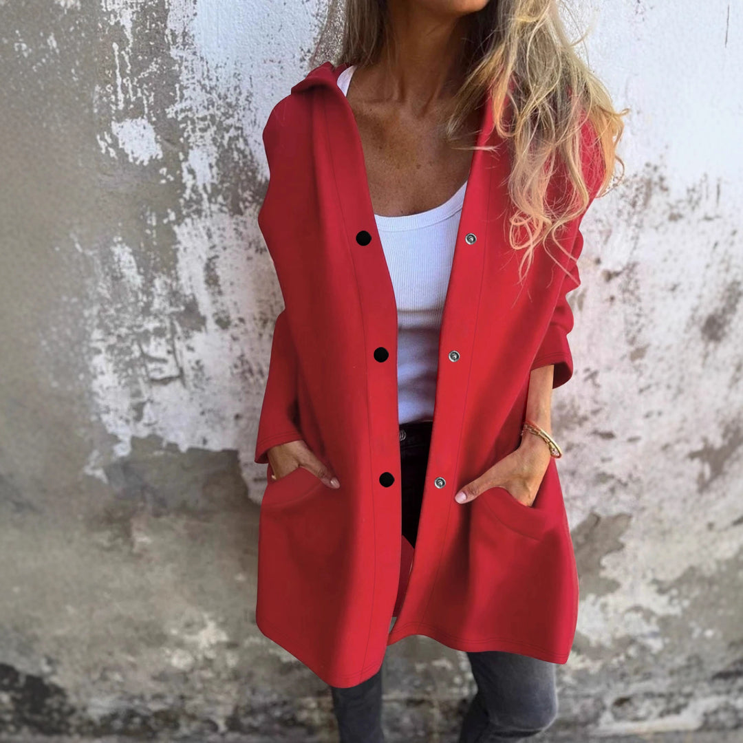 Women's Long Hooded Cardigan with Snap Button Placket, Side Pockets and Relaxed Silhouette Drune
