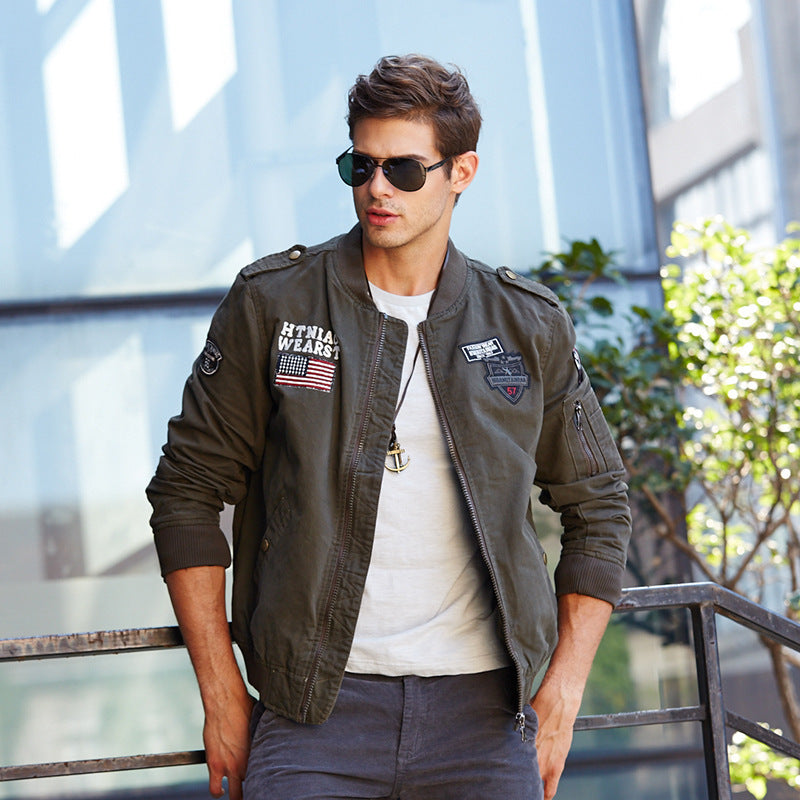 Men's lightweight bomber jacket in aviation utility style with shoulder epaulettes and sleeve pocket Mune Fashion