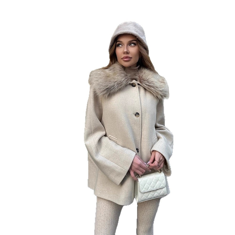 Women's short coat with faux fur shawl collar & boxy oversized silhouette Mune Fashion