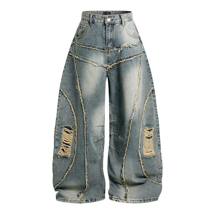 Women's High-Waisted Wide-Cut Destroy Jeans with Fringe Seam Details Mune Fashion