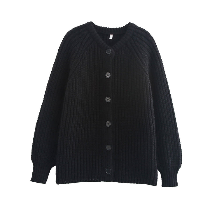 Women chunky knitted raglan cardigan with balloon sleeves and full button placket Mune Fashion