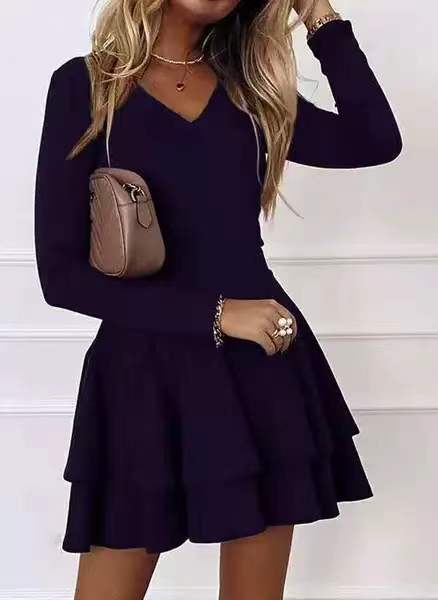 Ladies Casual V-Neck Mini Dress with Voluminous Ruffle Hem Mune
