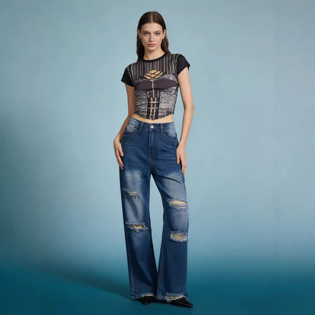 Women's high-cut relaxed jeans with wide leg, knee rips, and raw hem Mune Fashion