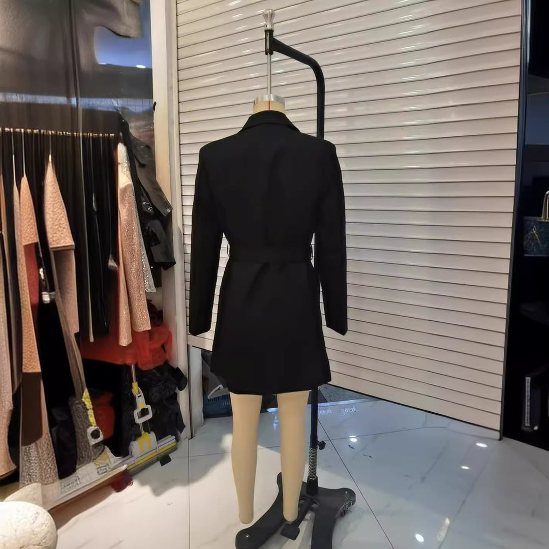 Women's tailored belted blazer with asymmetrical shawl collar and flap pockets Mune Fashion