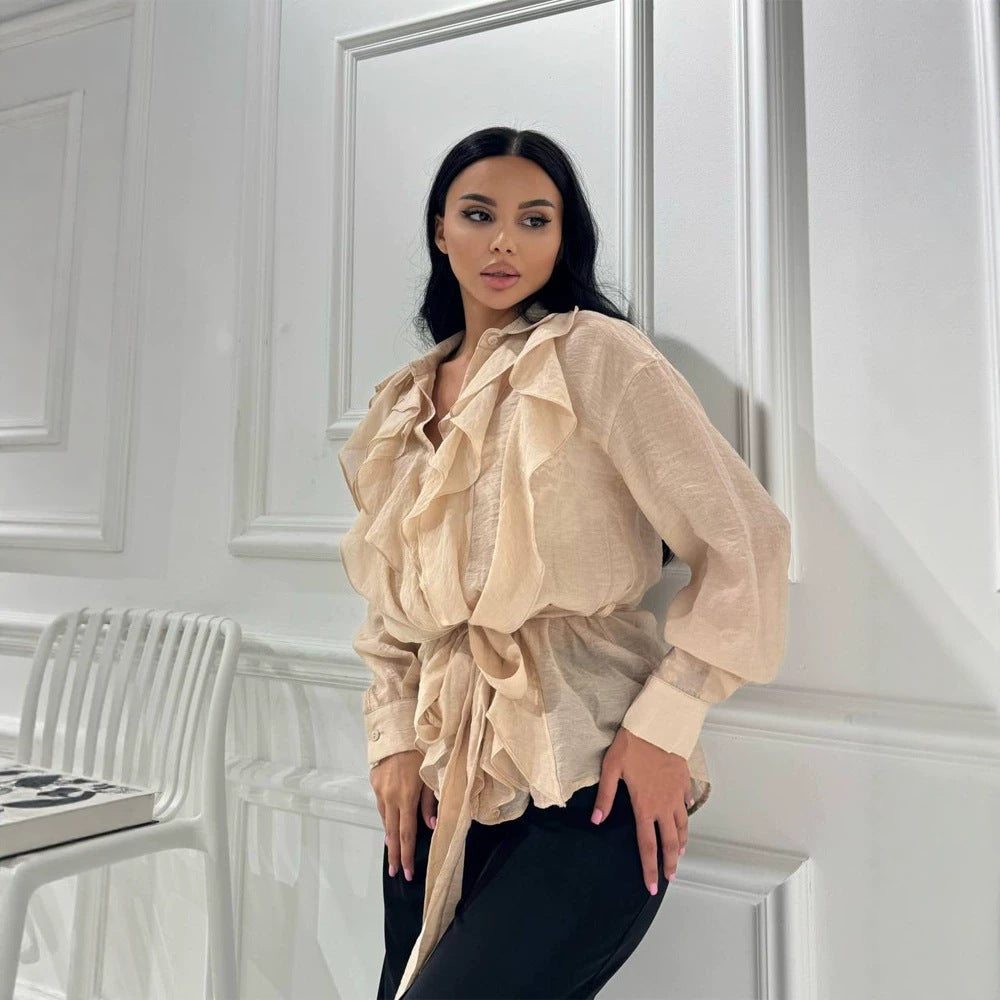 Women's Ruffled Chiffon Blouse with Ties and Ruffles Around