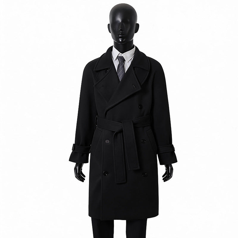 Men's Elegant Coat in Longcoat Style made of Wool Blend with Double-Breasted, Fitted Tie Belt and Decorative Shoulder Yoke Mune Fashion