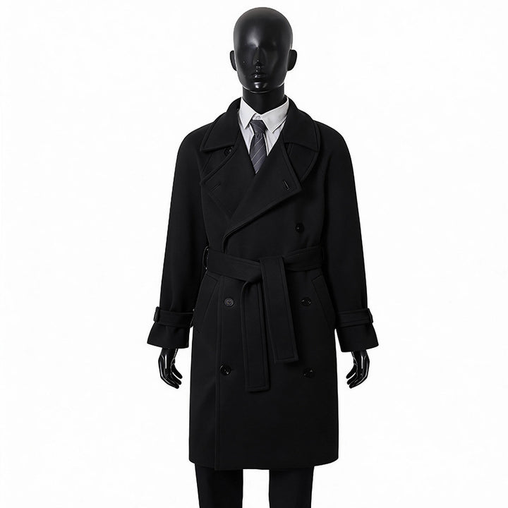 Men's Elegant Coat in Longcoat Style made of Wool Blend with Double-Breasted, Fitted Tie Belt and Decorative Shoulder Yoke Mune Fashion