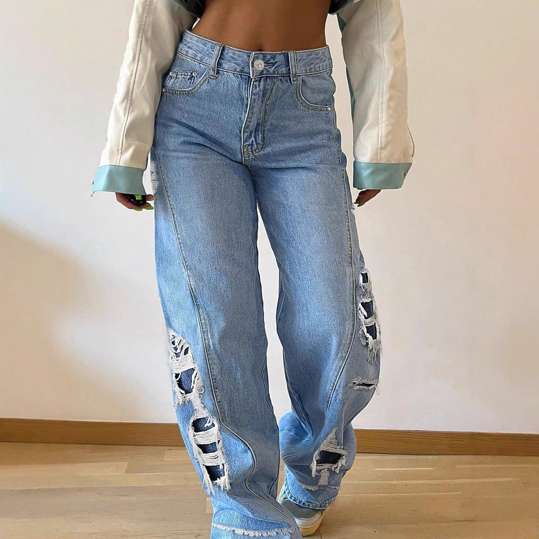 Ladies wide Destroyed jeans with side cutouts and contrasting underlays Mune Fashion