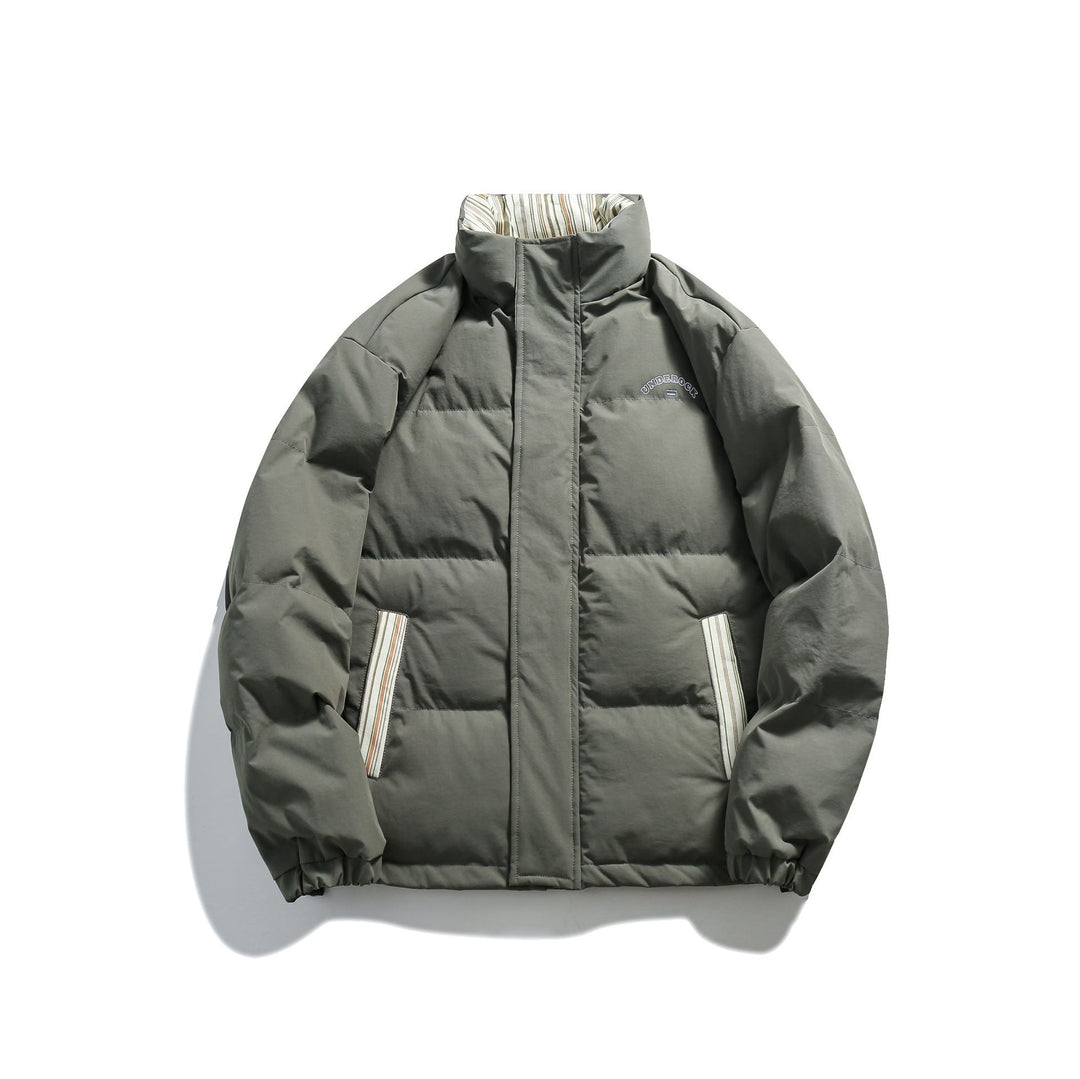 Unisex Short Cut Padded Puffer Jacket with High Stand-Up Collar and Striped Pocket Flaps Mune Fashion
