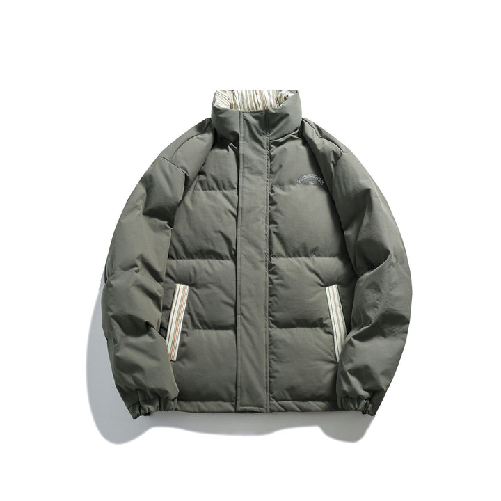 Unisex Short Cut Padded Puffer Jacket with High Stand-Up Collar and Striped Pocket Flaps Mune Fashion