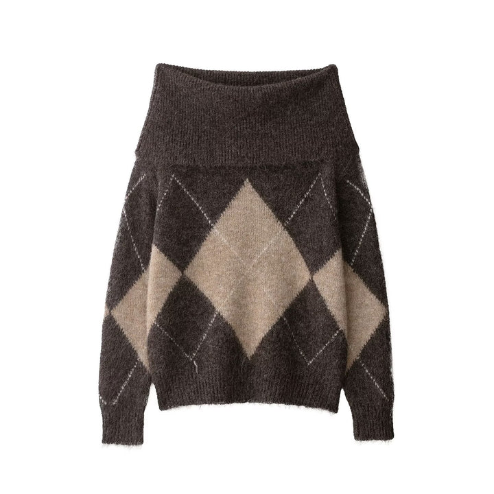 Women 40+ soft mohair blend sweater with wide turtleneck and argyle pattern Mune Fashion