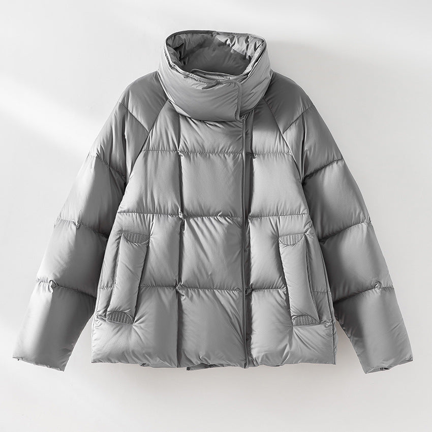 Women Short Boxy Puffer Jacket with High Stand Collar and Raglan Sleeves Mune Fashion