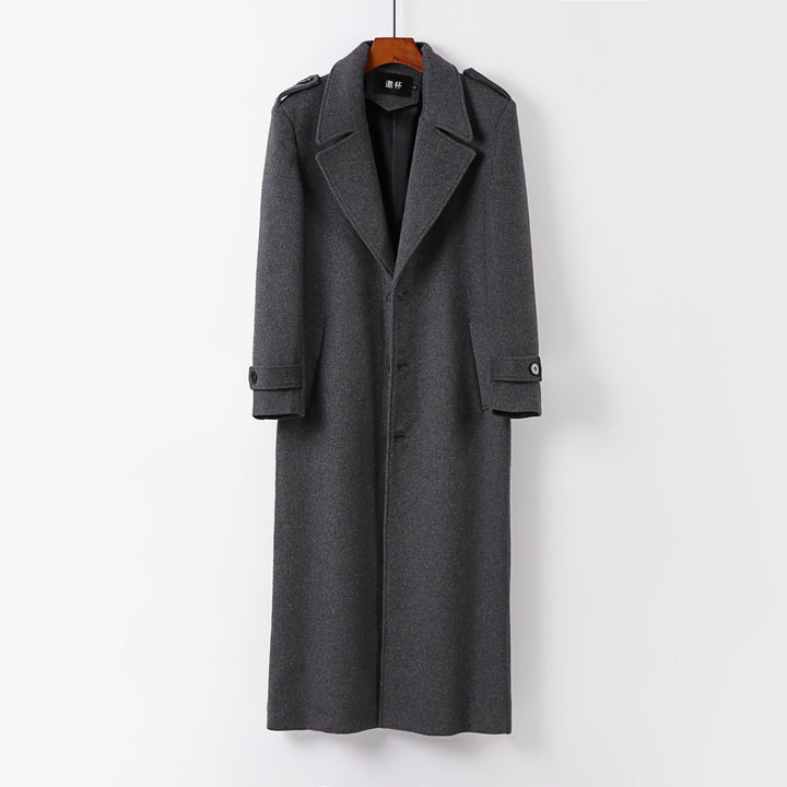 Men's floor-length wool coat with shawl collar, belt, and epaulettes Mune Fashion