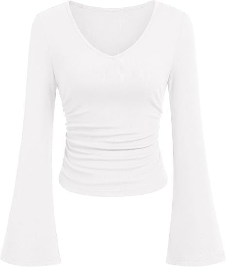 Women's Ribbed Crop Top with V-Neck, Tailored Gathering and Flared Trumpet Sleeves Mune Fashion