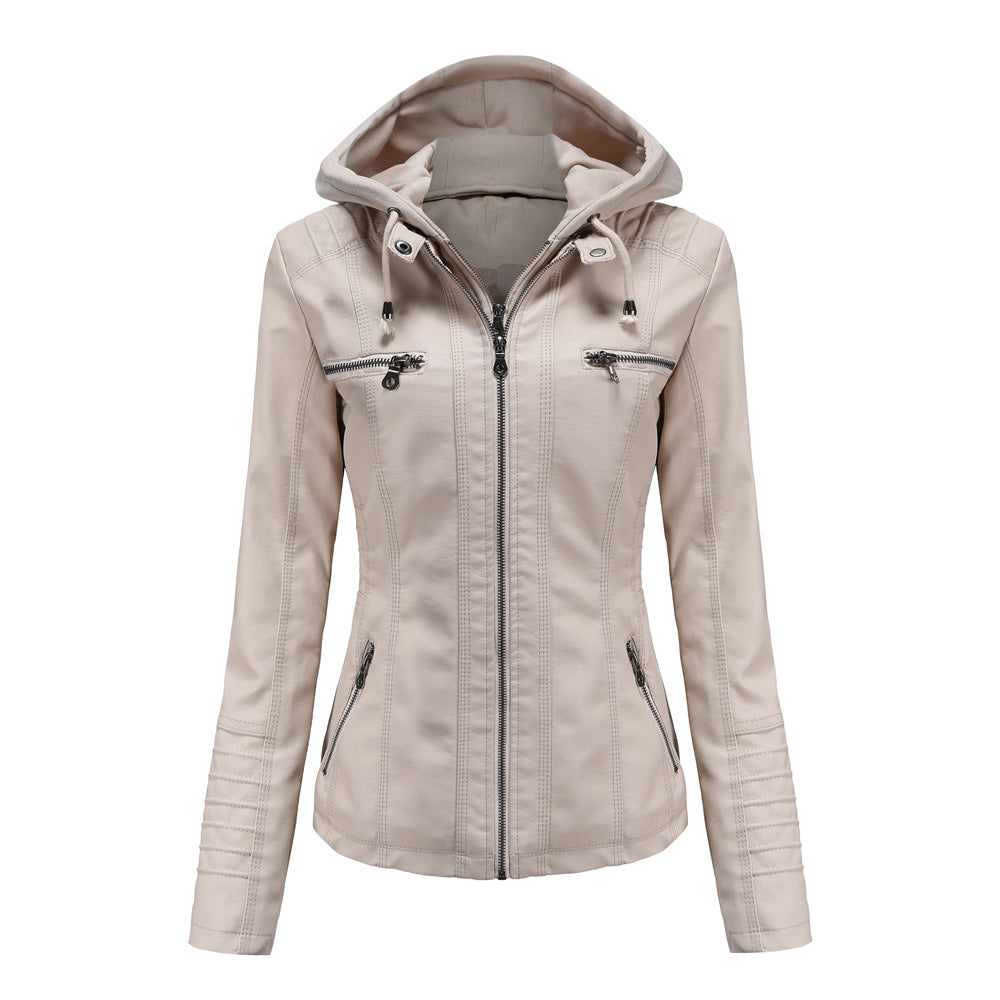 Women nan tailored faux leather jacket with hood, quilted arm flap and concealed zipper pockets Mune Fashion