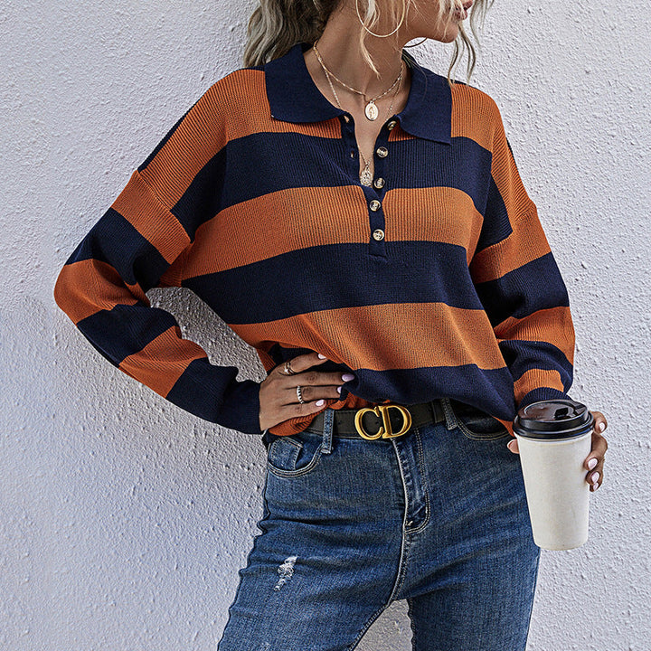 Women's Striped Polo Collar Knit Sweater with Button Row Detail Mune Fashion