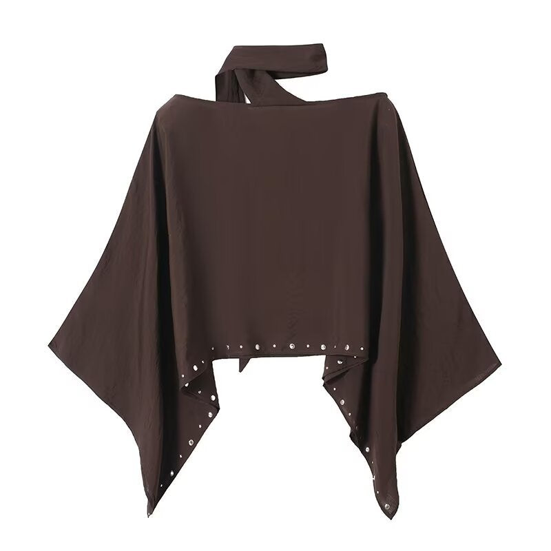 Women Asymmetrical Poncho Cape with Ties and Grommet Trim Mune Fashion