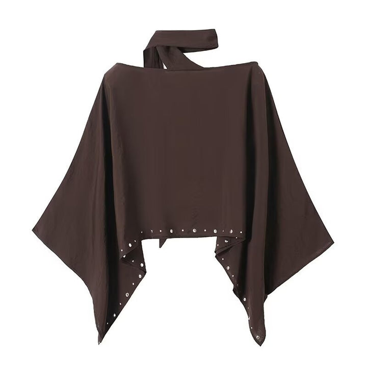 Women Asymmetrical Poncho Cape with Ties and Grommet Trim Mune Fashion