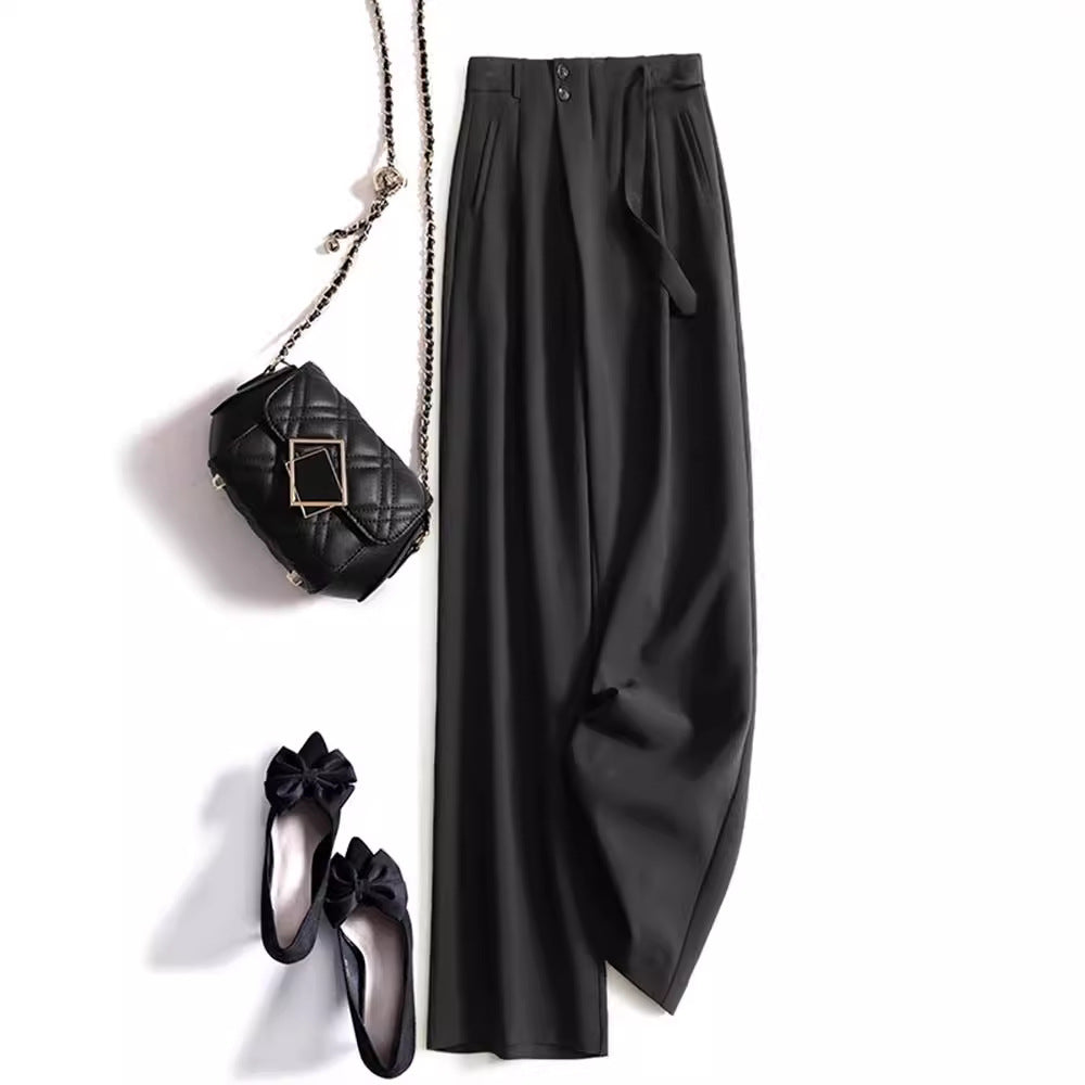 Ladies wide high-waisted tailored trousers with pleats and fabric belt Mune Fashion